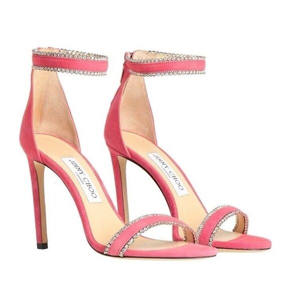 Jimmy Choo Dochas 100 Pink Suede Crystal Ankle Strap Sandals – Size 7 US ✨💖 - Picture 1 of 13